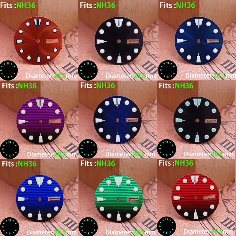 Watch Aseptic Dial Accessories Stainless Steel Striped Luminous Calendar 28.5mm for NH36 Movement Watch Replacement Parts