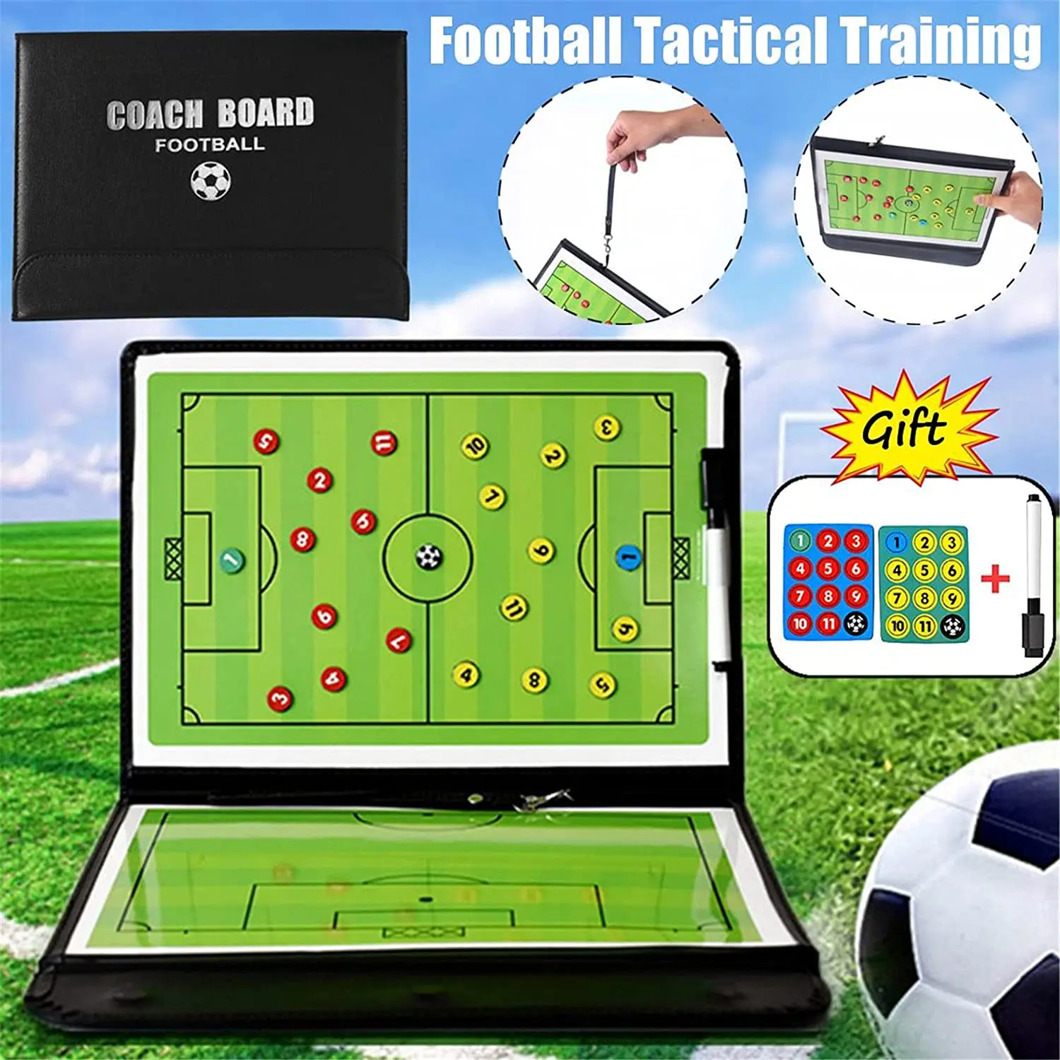 Foldable Magnetic Soccer Strategy Coaching Board Erasable Coaches Clipboard with Magnets and Marker Pen Soccer Accessories