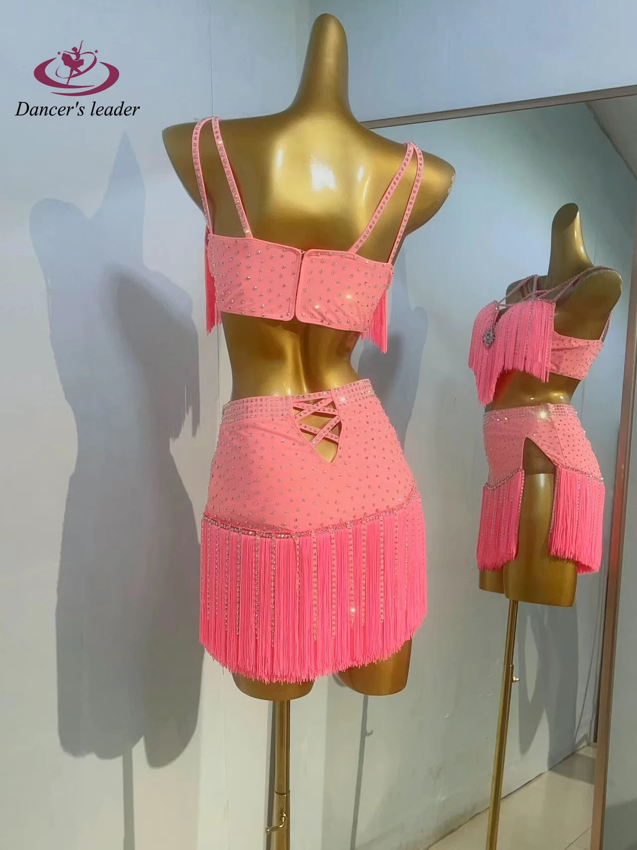 라틴 댄스 의상 라인스톤 여성용 고급 맞춤형 핑크 태슬 스트랩 삼바 댄스 드레스 공연 드레스