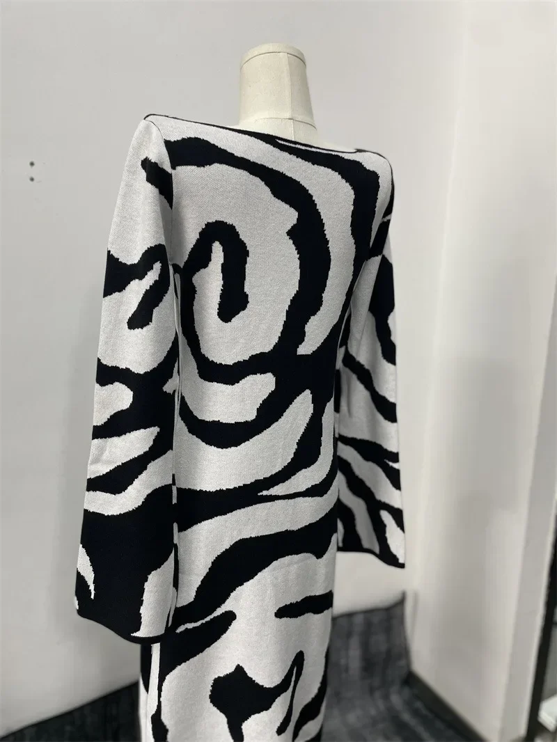 Laxsesu elegante abito lungo maglione donna autunno inverno o collo manica lunga nero bianco strisce casuali abito aderente da sera per feste