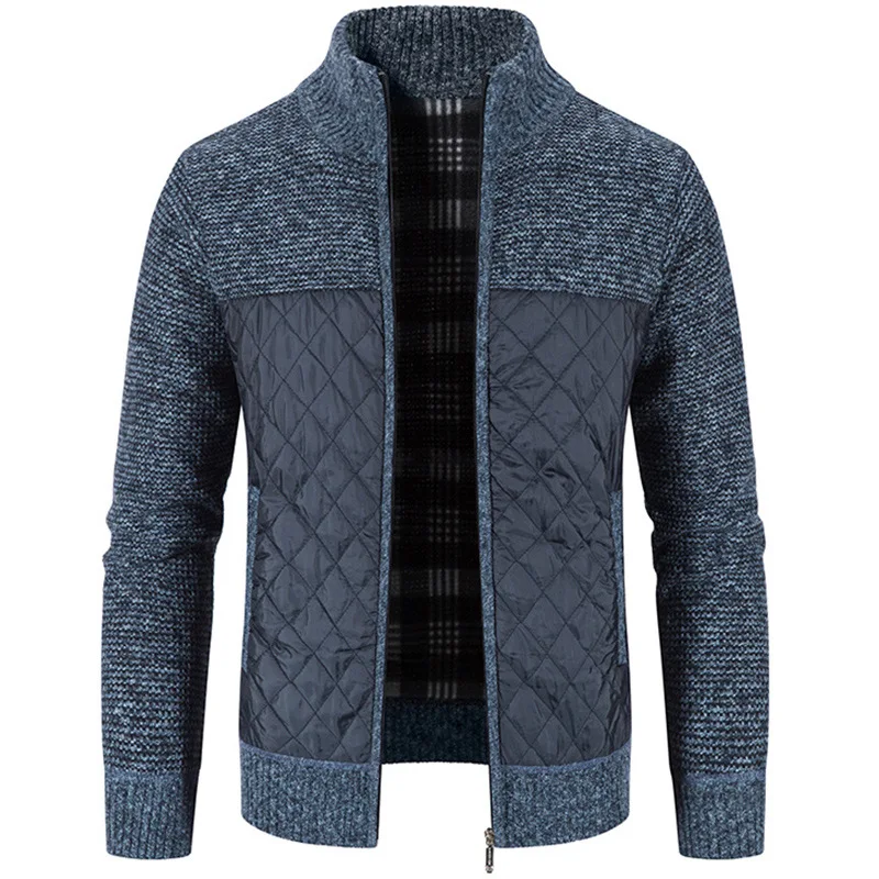 Jaqueta de costura de malha masculina, suéter cardigan grosso, gola alta, roupa casual masculina, outono, inverno, caloroso