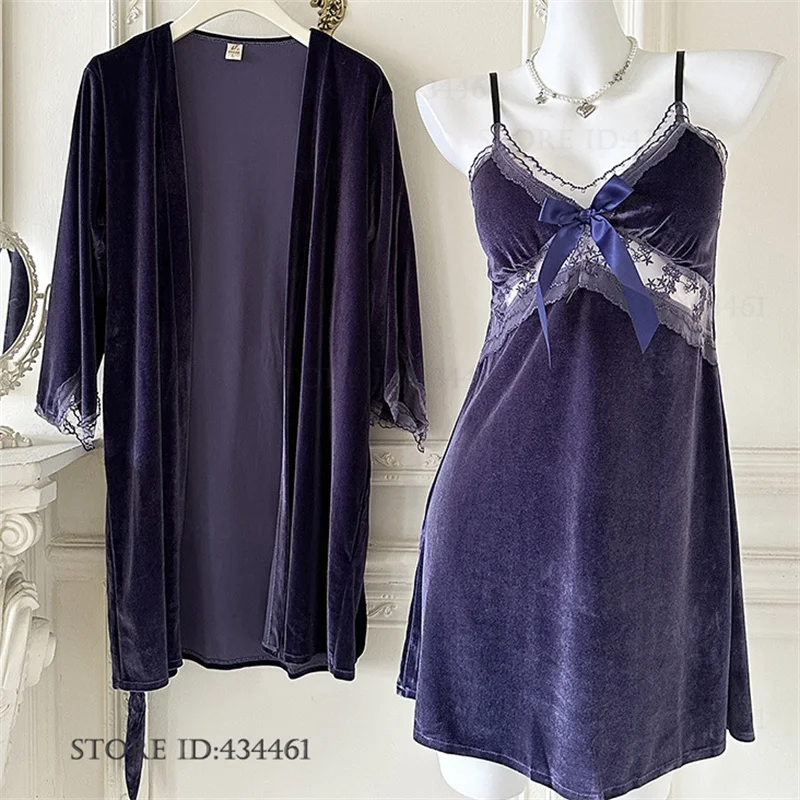

Autumn Winter New Velvet Female Twinset Robe Set Sleepwar Sexy Hollow Out Lace Lingerie Nightgown Velour Home Dress Lounge Wear