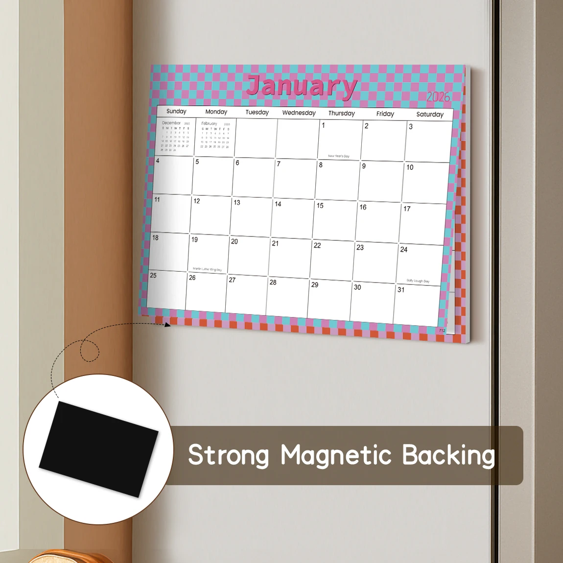 تقويم الثلاجة المغناطيسي الملون لعام 2026 - وسادة مخططة شهرية لمدة 12 شهرًا، تصميم شبكة باستيل لطيف