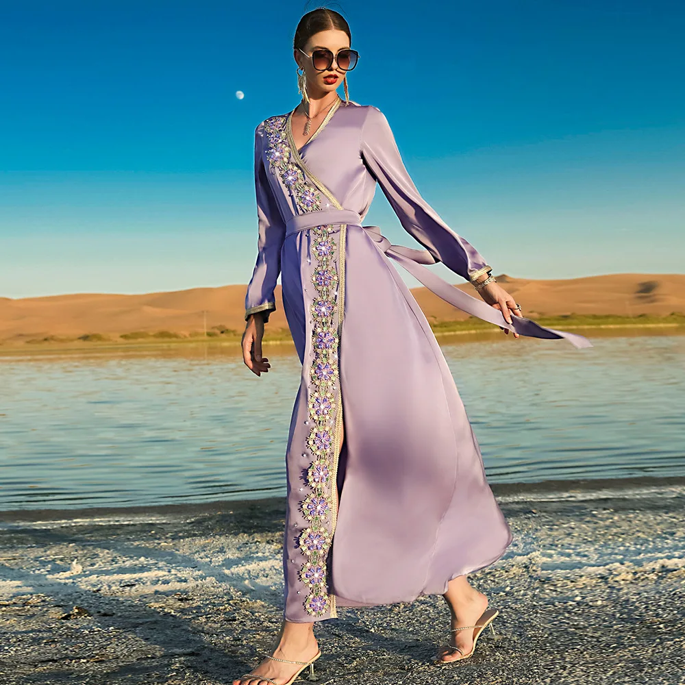 Eid Ramadan Muslim Open Abaya Women Elegant Kaftan Islamic Long Dresses Purple Hand-stitched Diamond Maxi Evening Luxury Robe