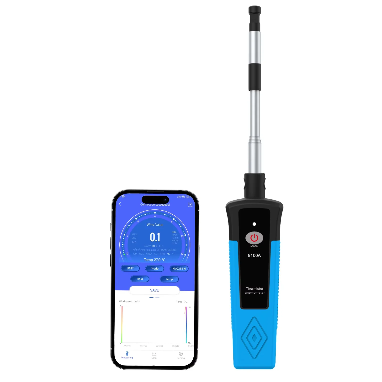 Wireless Thermal Anemometer，HP-9100A，Extendable Hot-Wire Probe, App Control, Type-C Charging for HVAC & Environmental Monitor