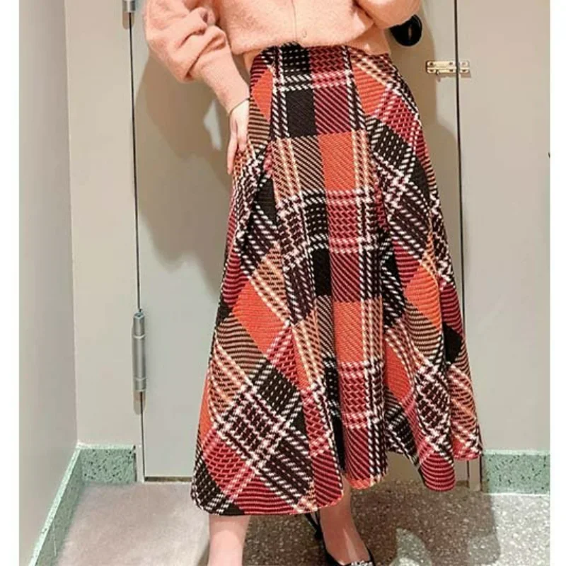 Neploe Harajuku Faldas Mujer Moda 2024 JAPAN Autumn Winter Ball Gown Slim Jupe High Waist Plaid Contrast Color Long Skirt