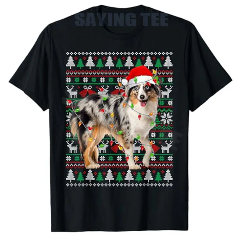 كلب الراعي الأسترالي عيد الميلاد سترة قبيحة سانتا عيد الميلاد تي شيرت Y2k عيد الميلاد منامة زي عطلة الملابس موضة هدايا جديدة