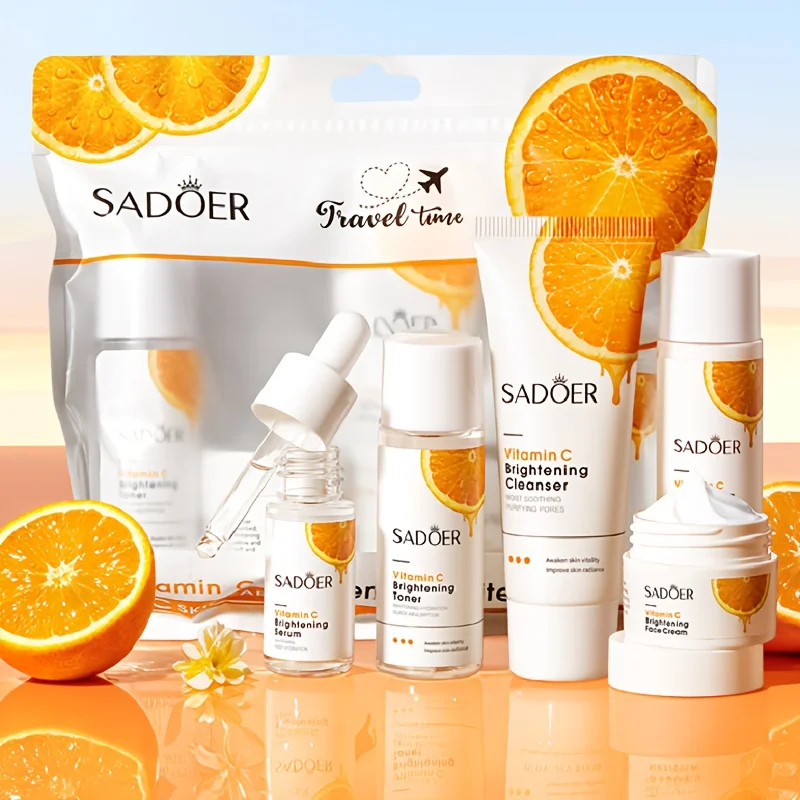 Kit de Viagem de Vitamina C em Tamanho Pequeno, Conjunto Mini de Cuidados com a Pele de 5 Peças, Limpeza e Hidratação, Inclui Sabonete Facial, Tônico,