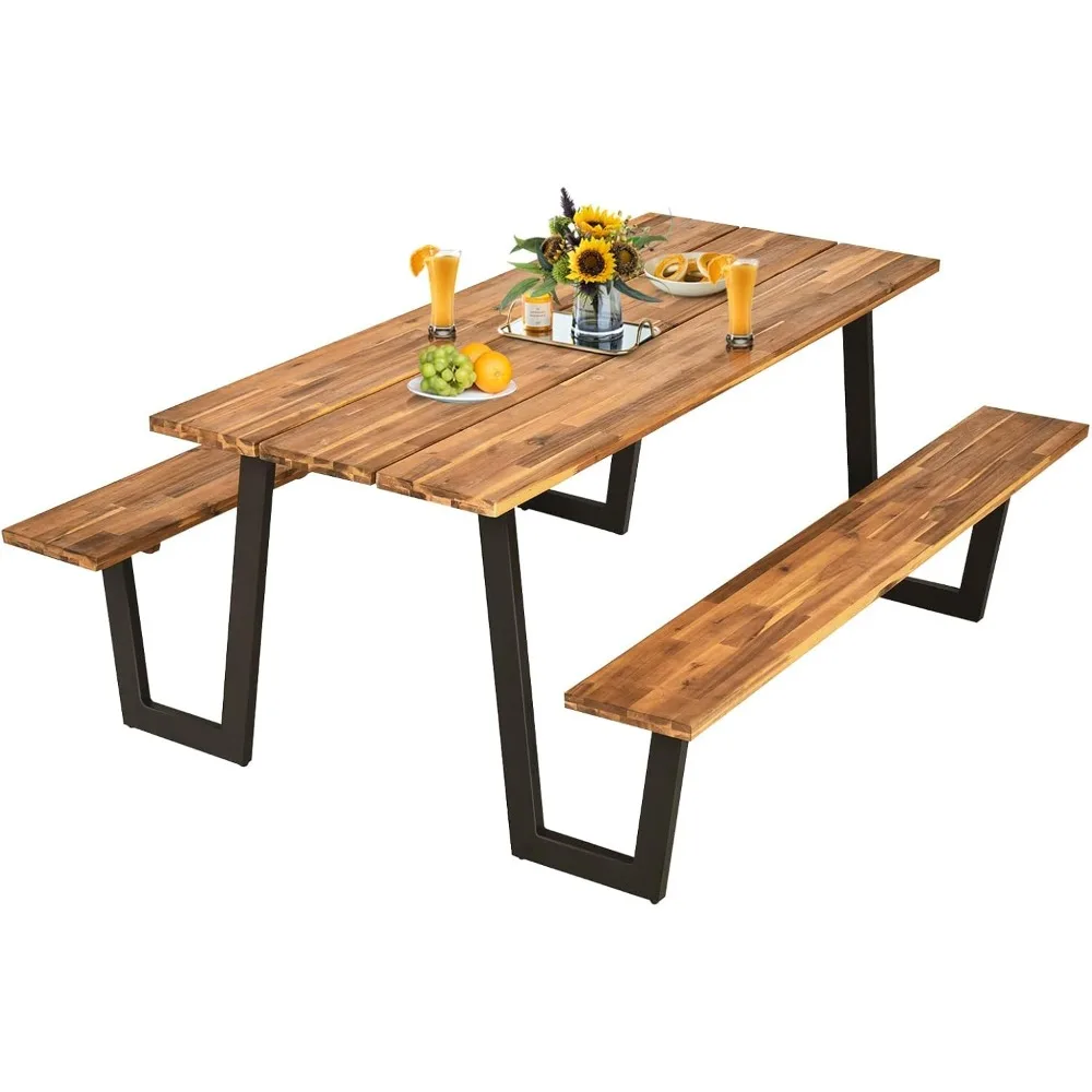 

"Acacia Wood 6ft Outdoor Dining Table Set with Benches and Umbrella Hole, Heavy Duty Picnic Table"