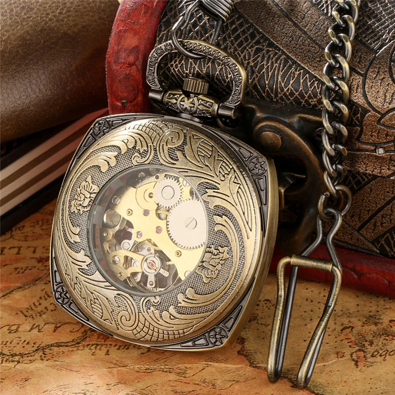 Classic Mechanical Pocket Watch Handwinding Skeleton Clock Roman Number Display Luminous Hands Timepiece with FOB Chain