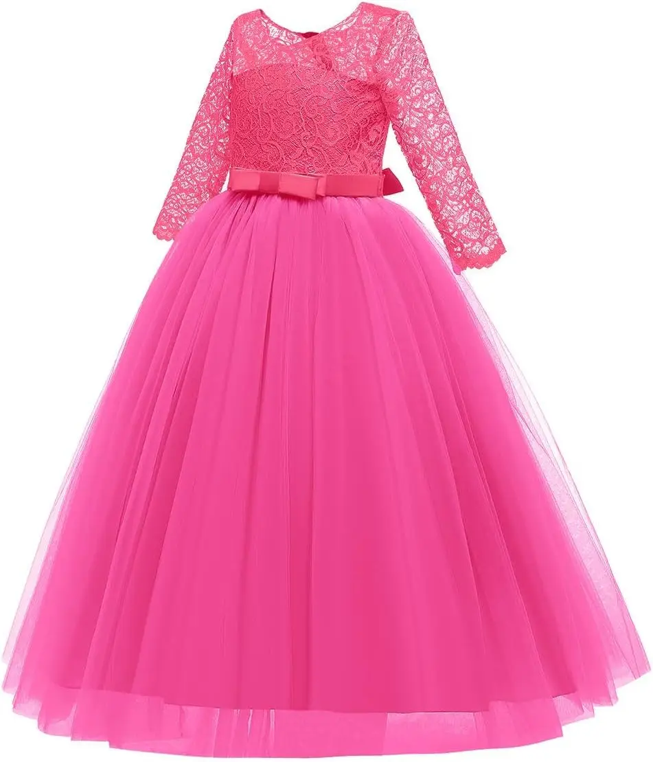 Menina flor retro flor renda 3/4 manga e vestido de chão festa de casamento aniversário comunhão vestido de noite formal pegeant vestido de baile