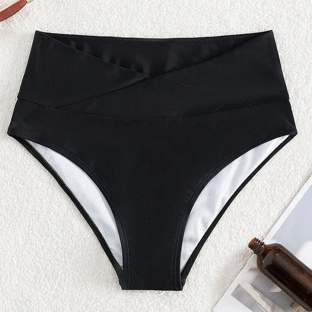 Women Swimming Shorts crossed waistband female beach shorts high-waist sexy bikini bottoms solid color