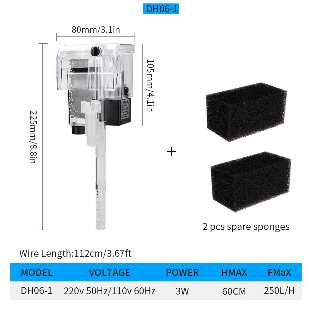 Filtro per acquario filtro esterno a cascata a parete pompa per ossigeno per acquario con 2 filtri in cotone per acquari da 5 ~ 10 galloni