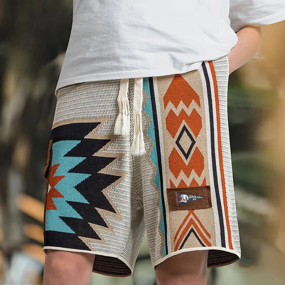 

Mens Casual Cargo Shorts Summer American Retro Knitted Shorts Contrast Color Embroidery Geometric Beach Five-Point Casual Pants