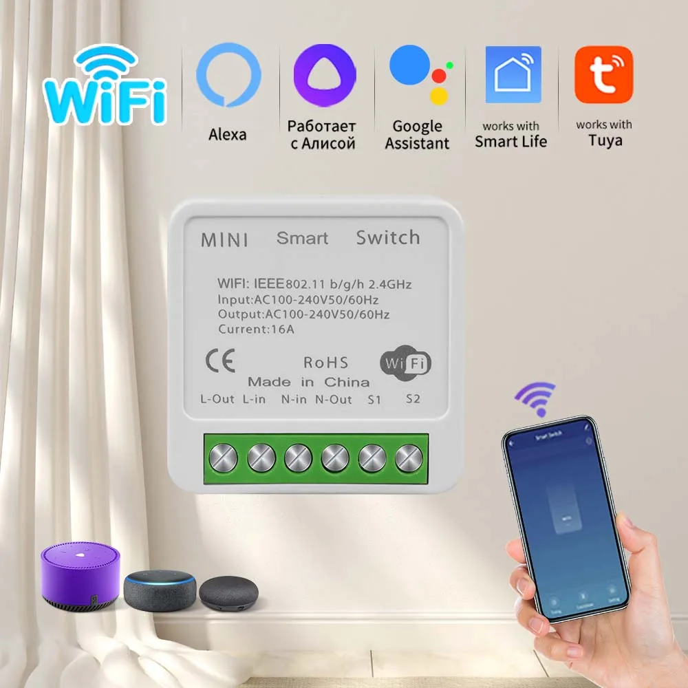 Wifi Smart Switch for Light Tuya Smart Home Alexa Google Alice Remote Voice Control 2-way Wifi Relay Breaker DIY 16/20A 110-220V