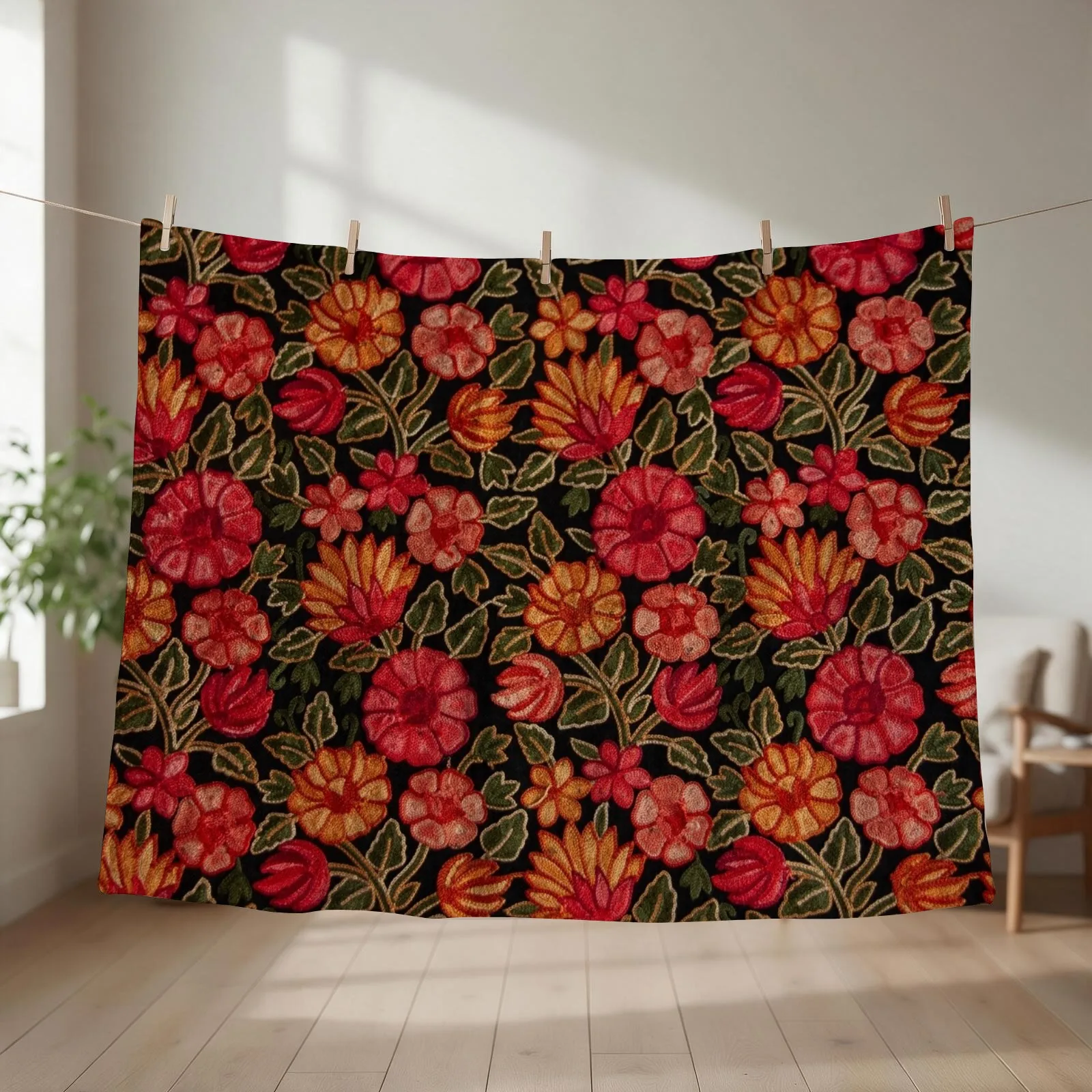 Gypsy Floral Kashmiri Embroidery Throw Blanket couch cozy soft plush fuzzy picnic outdoor blanket