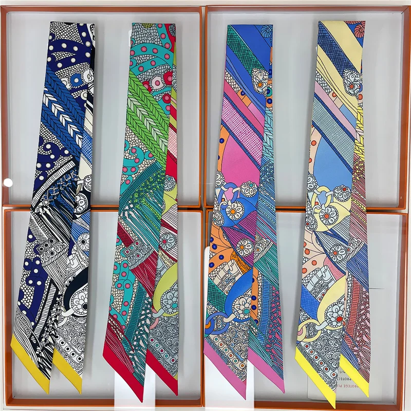 POBING Saddle Print 18m/m Twill Silk Scarves Women Luxury Brand Scarf Bag Ribbons Tie Head Scarf Small Long Skinny Scarf 86*5CM