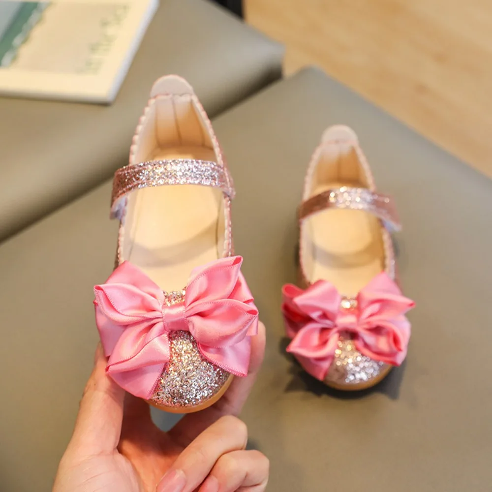 

Elegant Glitter Princess Dress Shoes Bow-knot Soft Bottom Leather Shoes Breathable Non-slip Dance Party Shoes Kids
