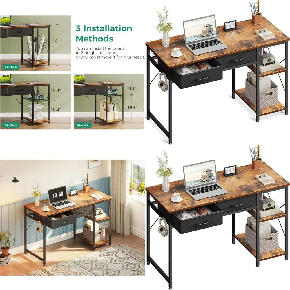 

40 Inch Reversible Desk with Storage Shelves, Ideal for Study, Laptop, and Vanity in Small Spaces, Rustic Brown