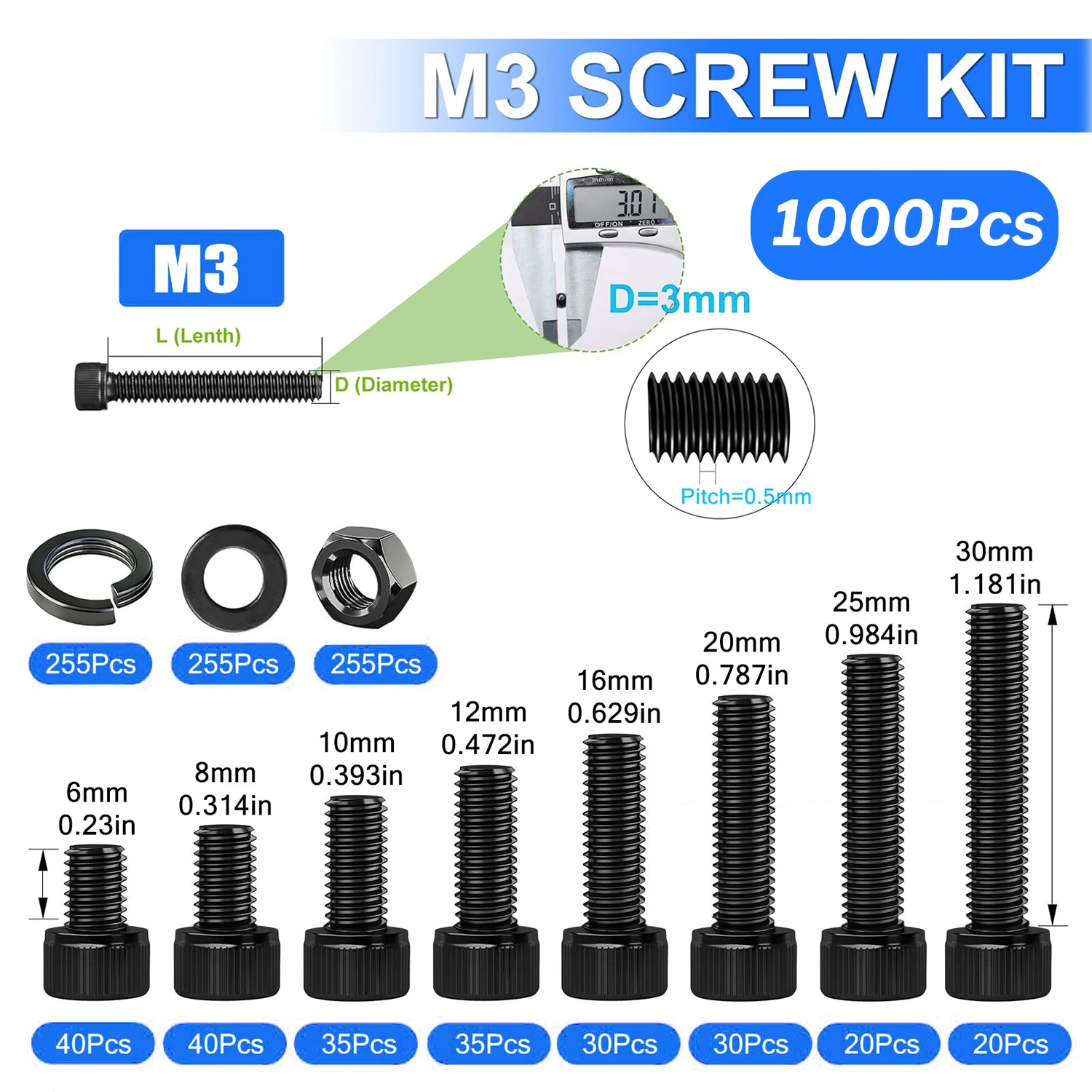 1000-teiliges M3 Innensechskantschrauben-Set, Güteklasse 12.9, M3x6-30mm, schwarze Schrauben, Muttern und Unterlegscheiben, für Heimwerker und Reparaturen – Detail 2