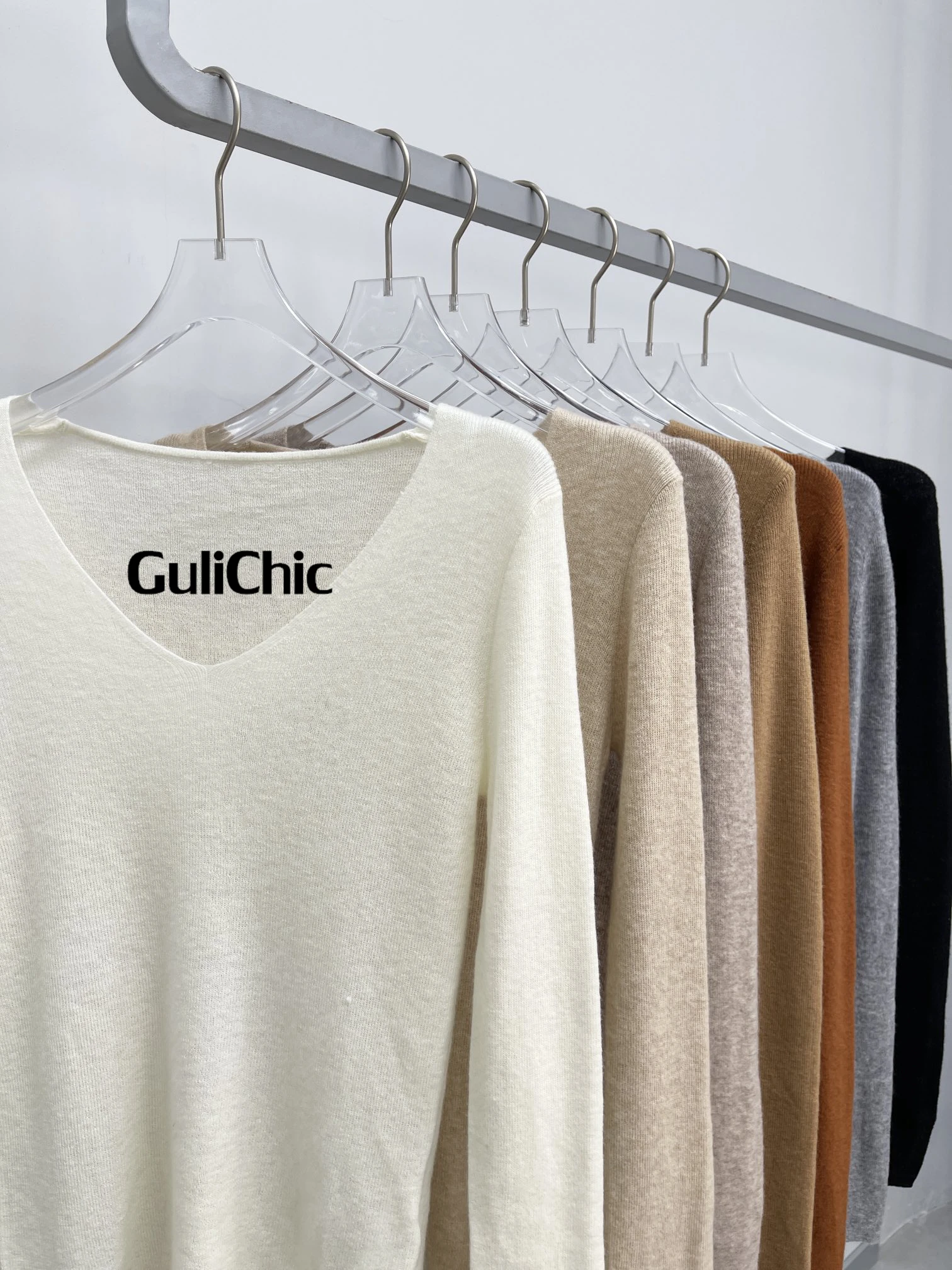 GuliChic-V-Neck Long Sleeve Thin Knitted Sweater, Cashmere Wool, Stretch Slim Pullover, Top Knitwear