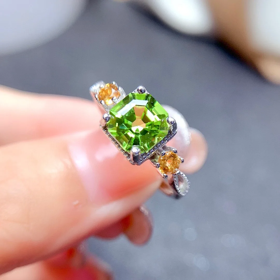 925 Sterling Silver S925 Pure Silver 2 Carat Square Green Diamond Open Ring Elegant Delicate Jewelry Accessory
