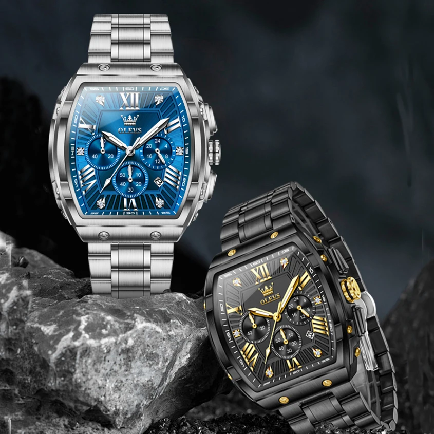 

OLEVS 5639 Mens Watch Original Business Tonneau Quartz Watch Stainless Steel Waterproof Luminous Sports Date Watches New