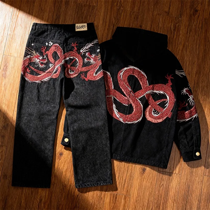 

Y2K Two Piece Harajuku Vintage Cherry Blossom Selvedge Embroidery oversized Hoodie Goth men women wide leg pants streetwear Set