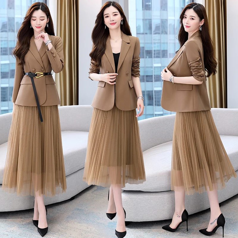 Fashion New Height Quality Korean Version Of All-Match Belt Blazer Jacket High Waist Pleated Skirt Suit Two Piece Set Female