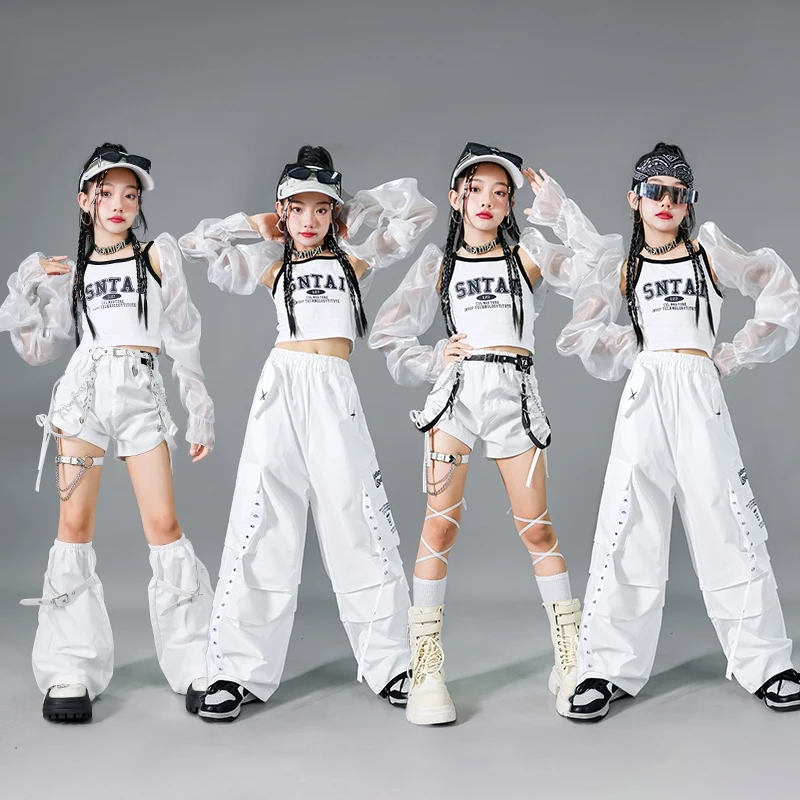 

2024 Children Hip Hop Dance Costumes For Girls Group Kpop White Outfits Street Dance Wear Modern Jazz Performance Wear DQS17845