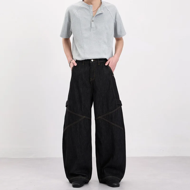 2026 New Retro Black Raw Denim Pants Contrast Stitch Curved Spliced Functional Design Loose Wide Leg Casual Trousers for