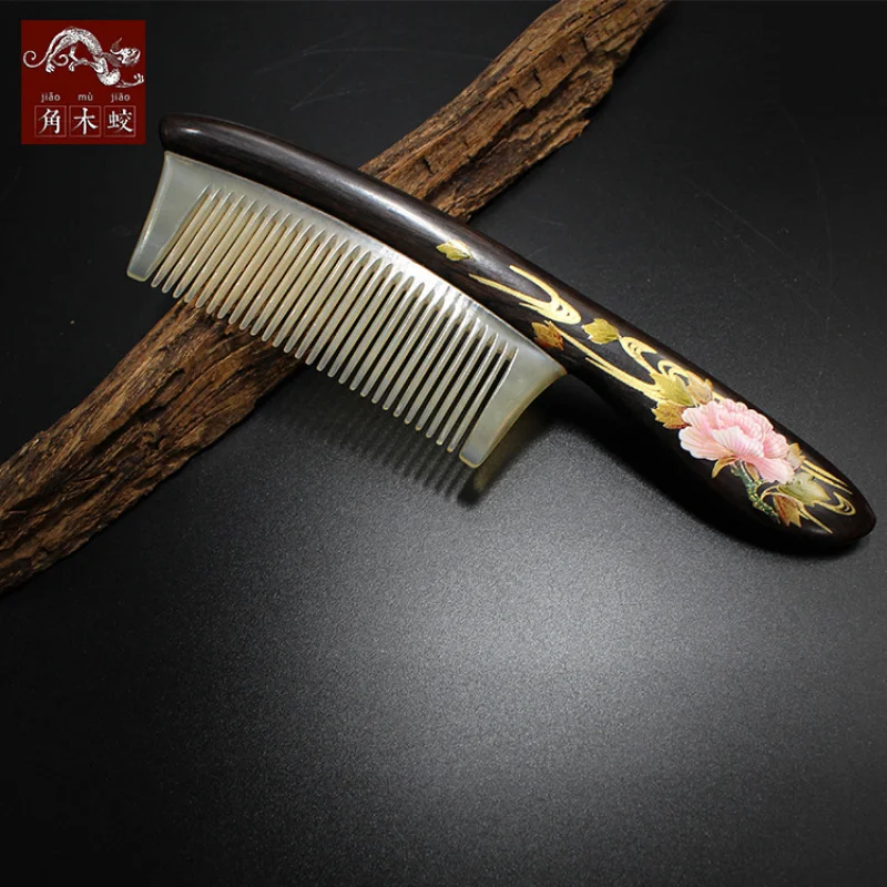 made of hornwood, ebony, and black sandalwood with hand-painted peony design, handcrafted lacquer art comb, exquisite lacqu