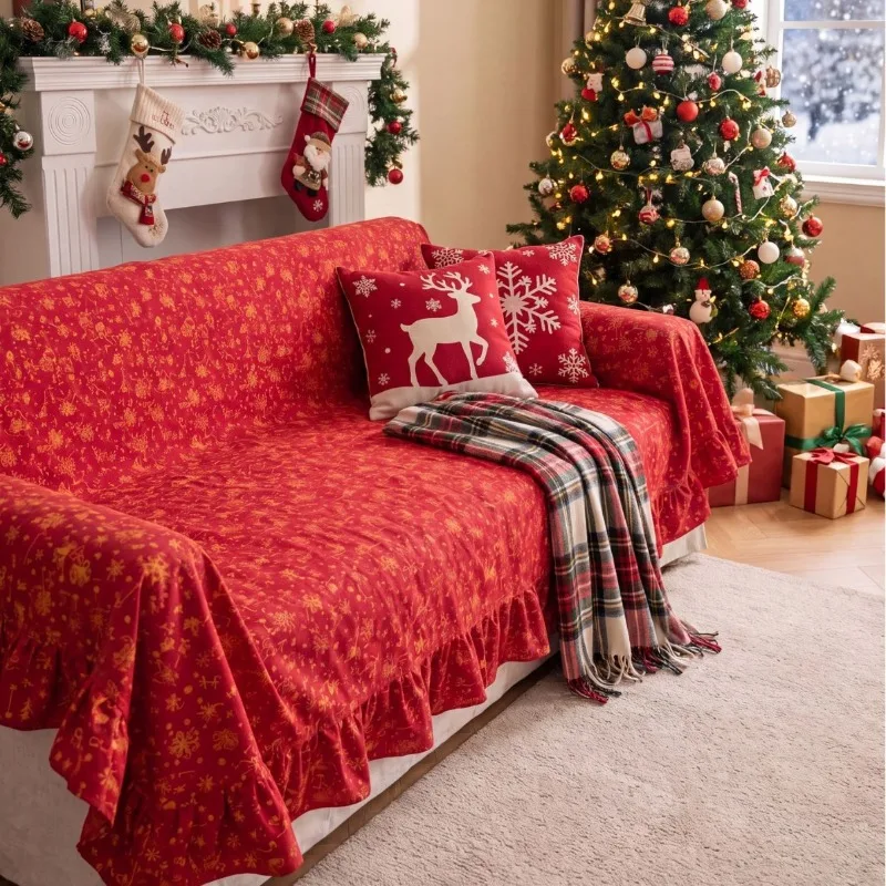 Christmas Ruffle Sofa Cover Anti Slip Sofa Throw Blanket Universal Furniture Protector Xmas Couch Slipcover for Living Room