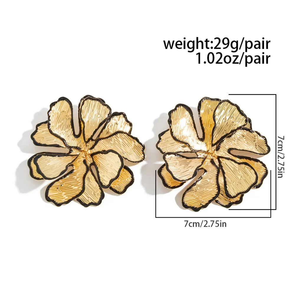 Trendy Exaggerated Black Outlined Petals Gold Color Fold Stereo Large Flower Stud Earrings for Women Party Evening Gown Jewelry - view 6