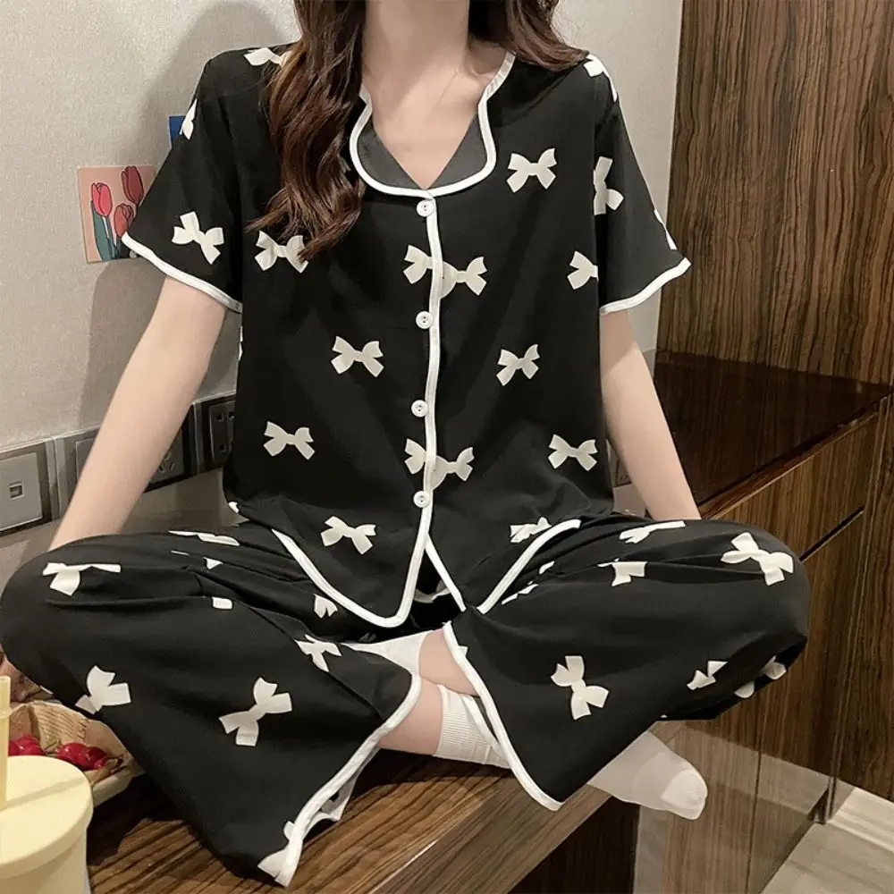 

Sweet Stripe Bowknot Pajamas Suit Ice Silk Lapel Collar Women Sleepwear Set Homewear Short Sleeve Three Pieces Nightwear Home