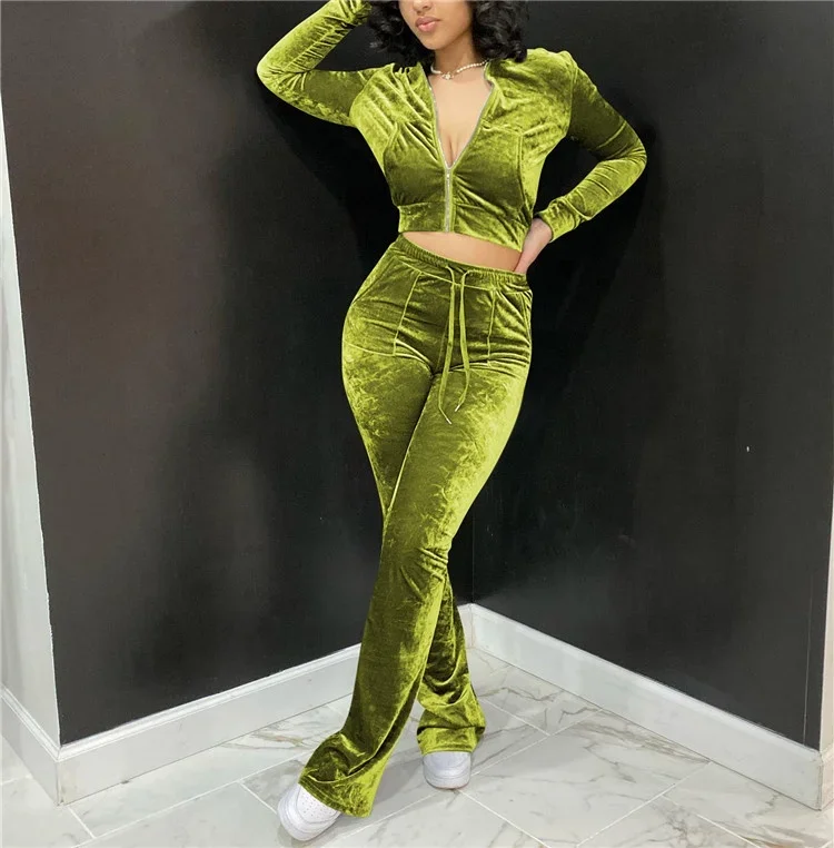 Women 2 Piece Set 2024 Solid Gold Velvet Suit y2k Tracksuit Women Street Casual Hoodie Sweatshirt Flared Pants Sets