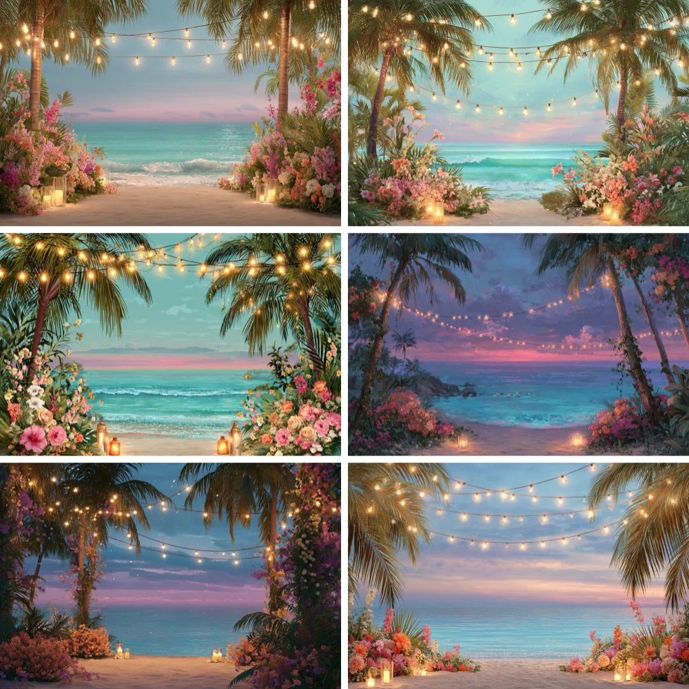 Hawaiian Photography Background Cloth - Tropical Flowers and Palm Beach Landscape, Suitable for Indoor and Outdoor Celebrations