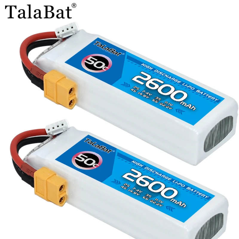 

2 шт. перезаряжаемые LiPo аккумуляторы TalaBat 3S 11.1В 2600мАч 50C с разъемом XT60 для радиоуправляемых грузовиков, автомобилей, FPV дронов, самолетов, хобби-моделей