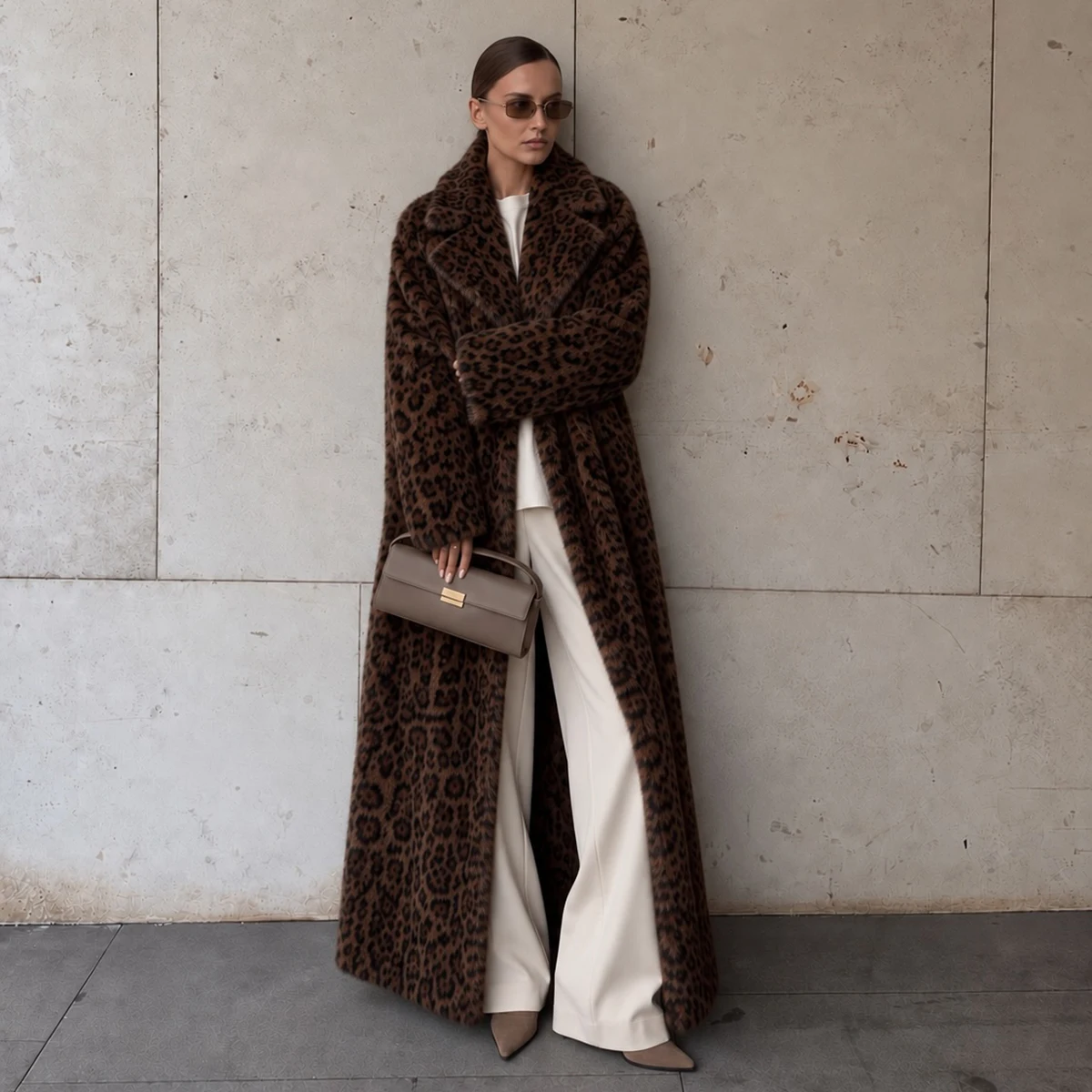 Women's Leopard Print Maxi Faux Fur Coat Lapel Collar Oversized Winter Warm Thick Jacket Elegant Luxe Chic