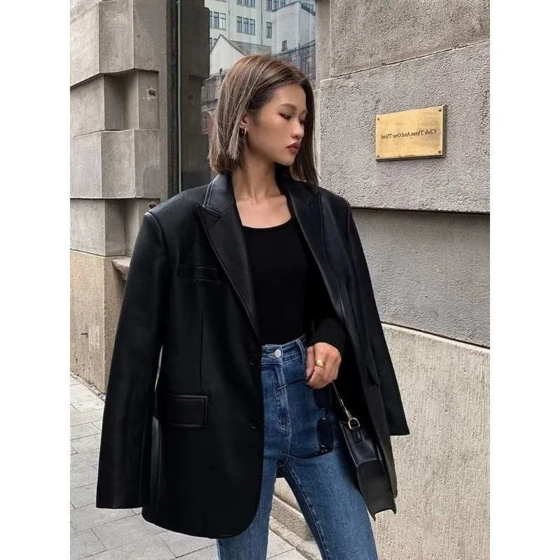 Lnsozkdg Punk giacca in pelle nera donna coreano Vintage Streetwear Blazer in pelle bottone Casual inverno caldo cappotti in pelle allentata