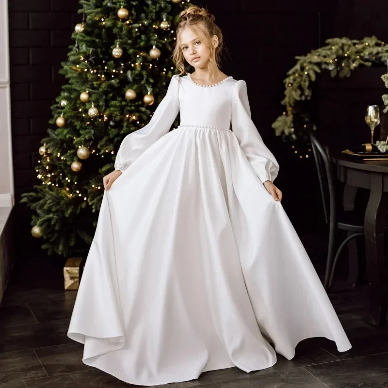 Bloemenmeisjesjurken Wit Satijn Parels Hals Met Strik Lange Mouw Voor Bruiloft Verjaardag Banket Heilige Communie Jurken Aangepast