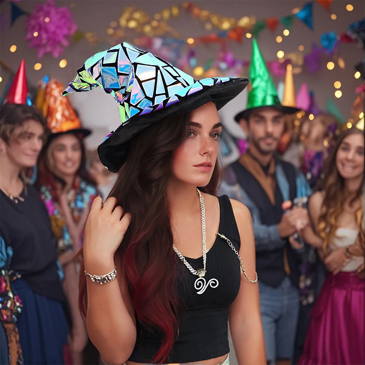 1pc Halloween Cool Glitter Witch Hat Tech Style Hat Party Supplies Cosplay Hat Holiday Gift Holiday Decoration Party Decoration