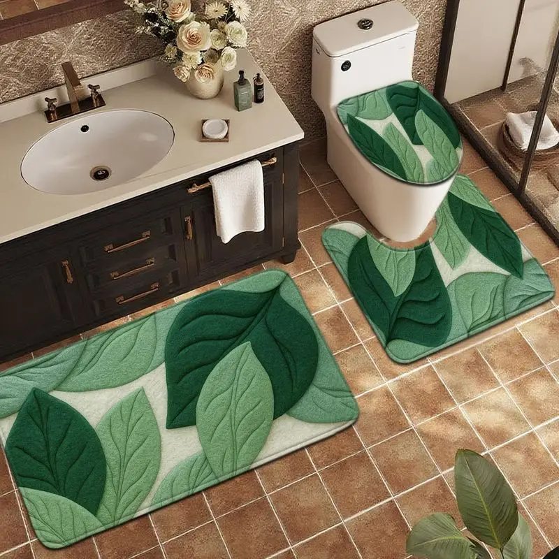 VIKAMA Green Leaf Bathroom Set 3 Piece Tropical Plant Toilet Lid Cover Non Slip Bath Rug U Shape Mat Fresh Nature Home Decor