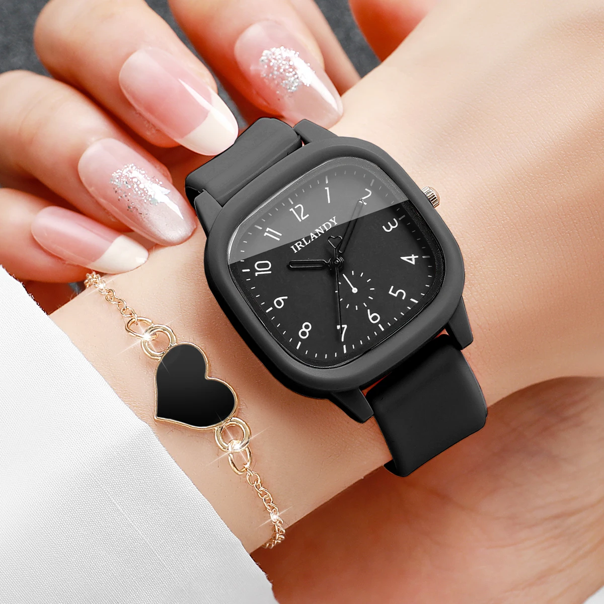 2PCS/Set Fashion Square Women Quartz Watch Arabic Dial Silicone Strap Wristwatches Heart Bracelet Set Reloj Mujer (Without Box)