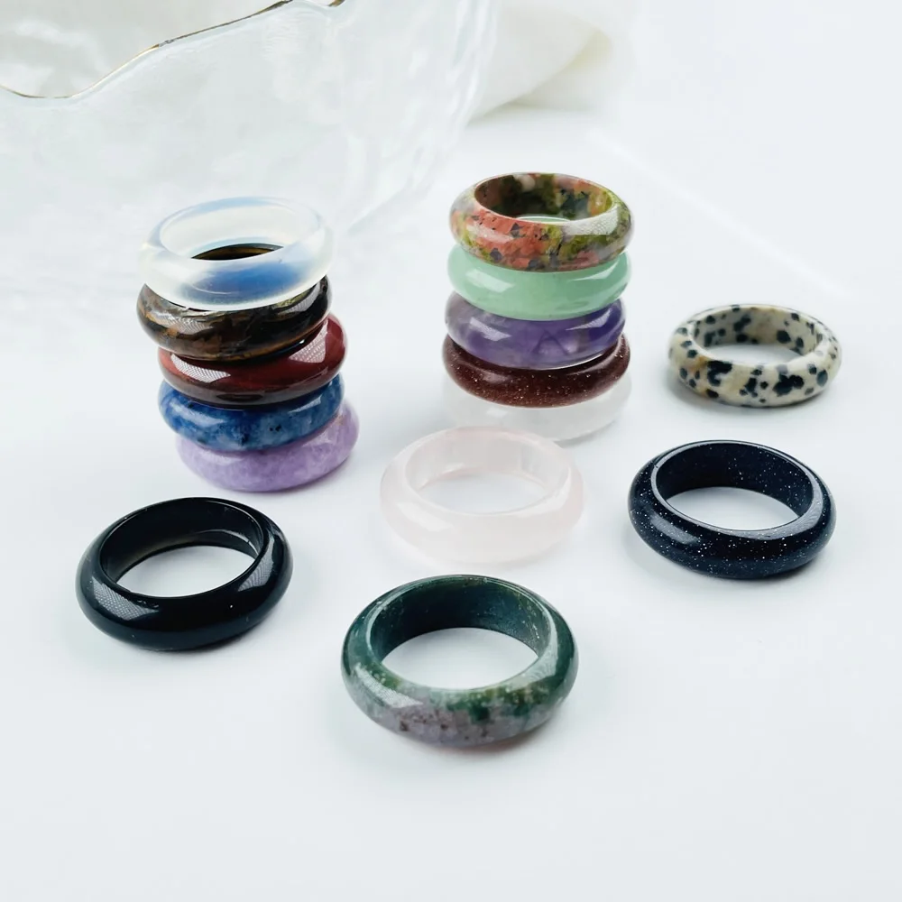 Multicolor Natural Gem Stone Rings for Women Men Round Circle Opal Obsdiian Pink Purple Crystal Stone Finger Rings Party Gift view 5