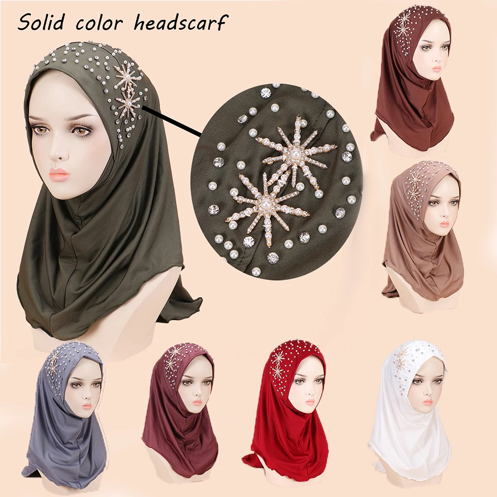 2024 Summer Muslim Clothing Middle Eastern Hijab Solid Color Beads Comfortable Breathable Pullover Hijab