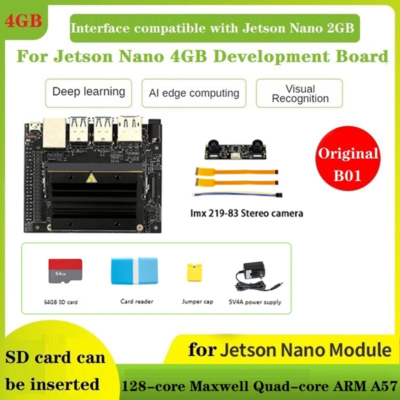 1 Set For Jetson Nano 4GB AI Development +IMX219-83 Stereo Camera+64G SD Card+Card Reader+Jumper Cap+Power US Plug