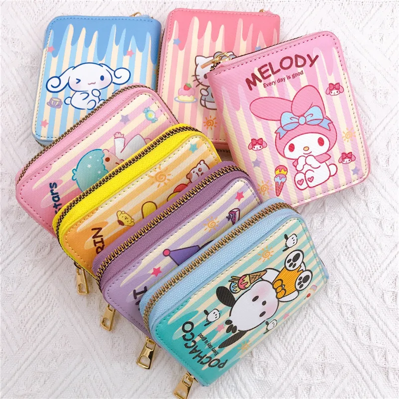 Kawaii Hello Kitty Cinnamoroll My Melody Kuromi Sanrios Nuovo Pu Casual Borsa per soldi Portamonete Porta carte Portafoglio con bottoni