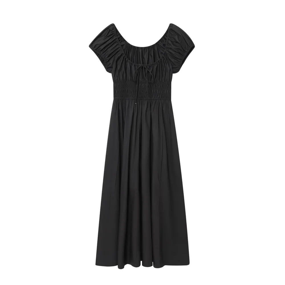 Jesienna nowa kolekcja odzieży damskiej, francuski styl retro, prosty krój, sznurowana, z krótkim rękawem, jednolita, z elastyczną talią, długa sukienka.