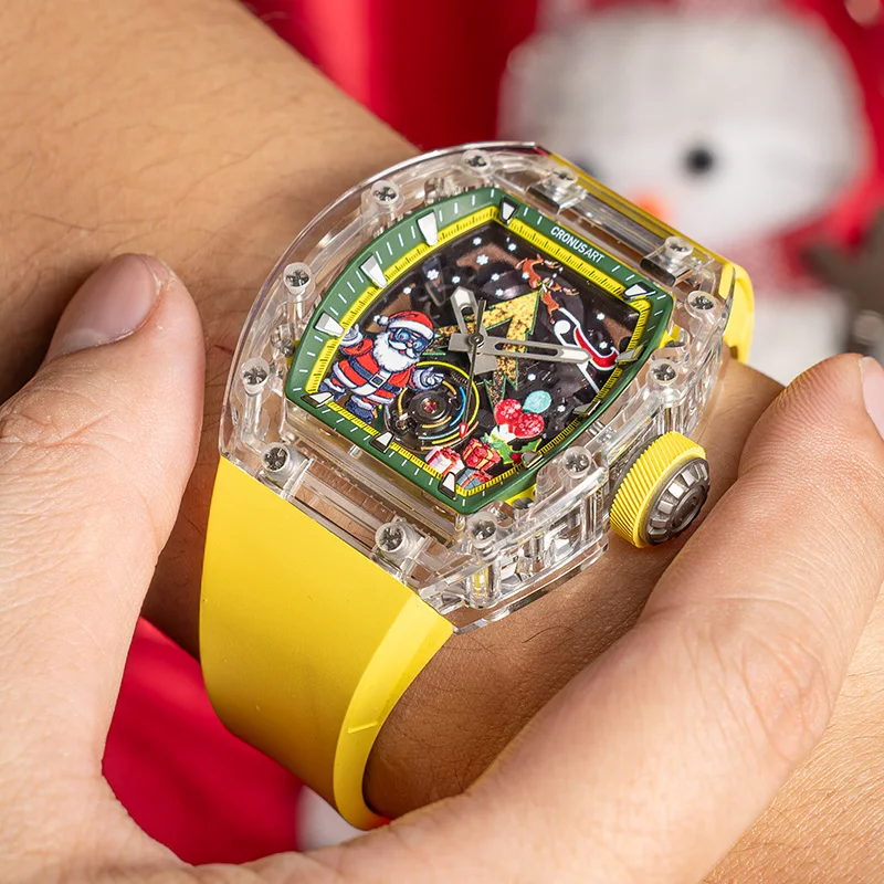 

CRONUSART Мужские автоматические часы 50 мм Tonneau Механические наручные часы K9 Корпус и зеркало Светящийся скелет Рождественский циферблат